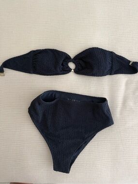 High-Waist Navy Textured Bandeau Bikini